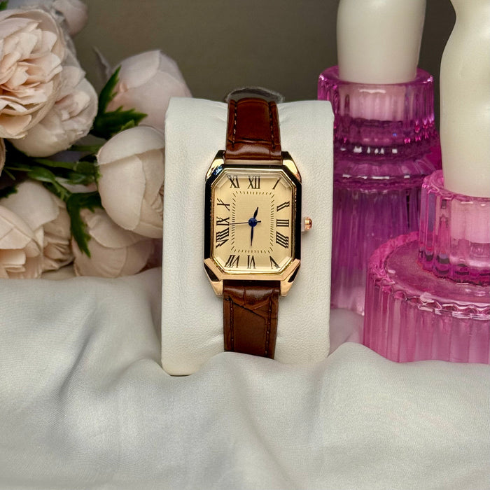 Roman  Rosegold Dial  Brown Leather Strap