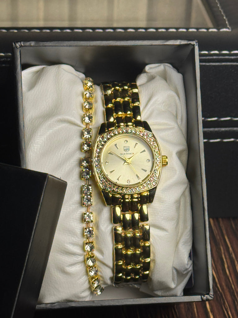 Classic Gold Round Dial with Crystal Crown Finish.