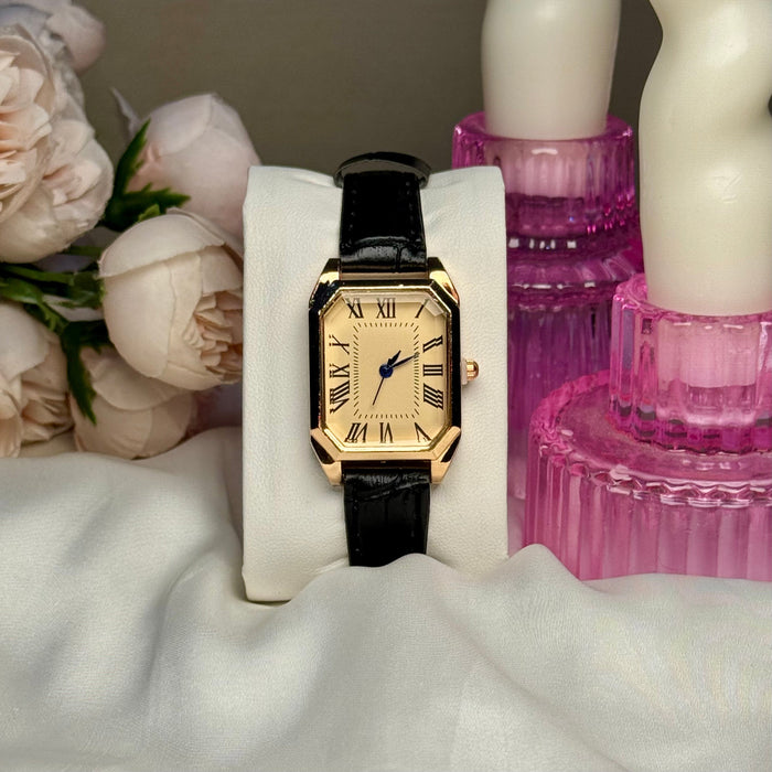 Roman  Rosegold Dial .Black Leather Strap