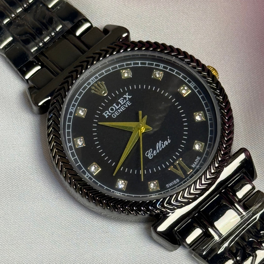Rolex Black Roman Dial with Braided Bezel & Gloss Chain.