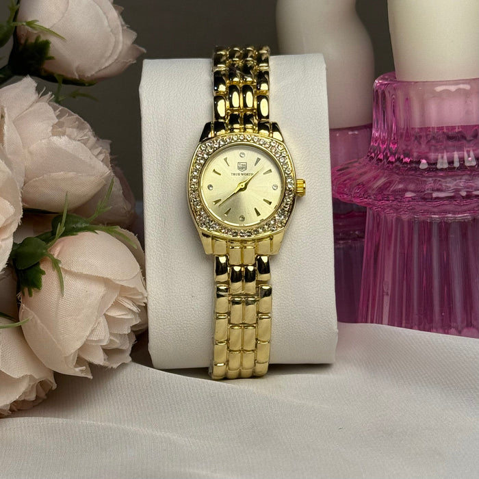 Classic Gold Round Dial with Crystal Crown Finish.
